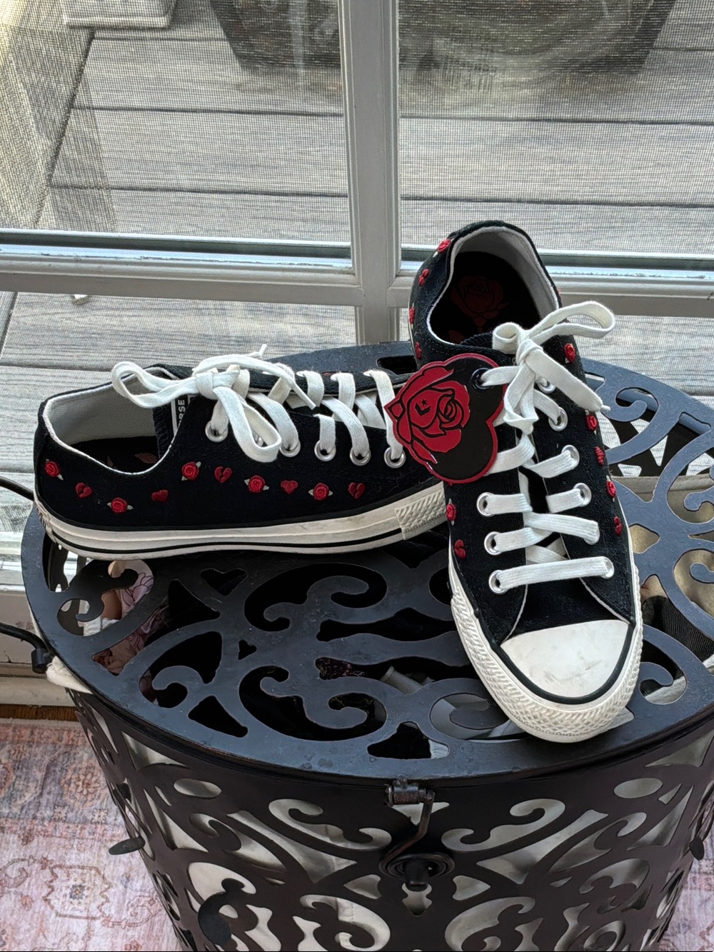 Converse Black Low-Top Sneakers with Red Rose Accents